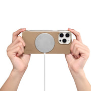 For iPhone 14 Pro Max Denior A20 Genuine Leather Litchi Texture MagSafe Frameless Phone Case(Khaki)