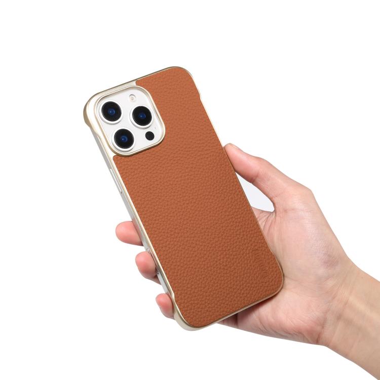 For iPhone 15 Denior A20 Genuine Leather Litchi Texture MagSafe Frameless Phone Case(Brown)