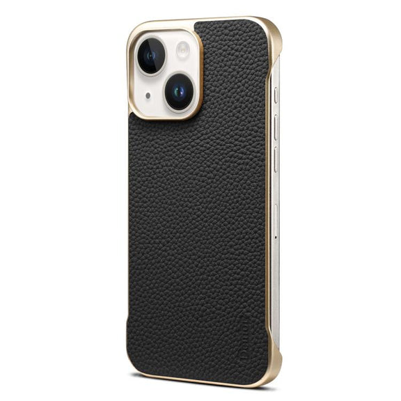 For iPhone 15 Plus / 14 Plus Denior A20 Genuine Leather Litchi Texture MagSafe Frameless Phone Case(Black)