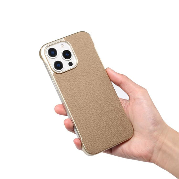 For iPhone 15 Pro Max Denior A20 Genuine Leather Litchi Texture MagSafe Frameless Phone Case(Khaki)