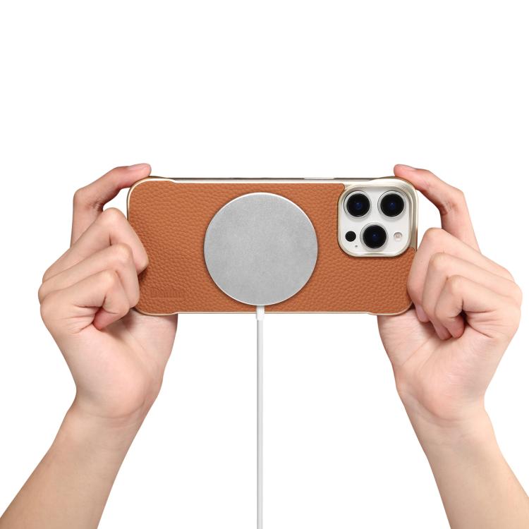 For iPhone 16 Denior A20 Genuine Leather Litchi Texture MagSafe Frameless Phone Case(Brown)