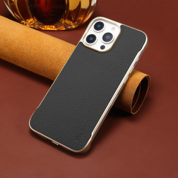 For iPhone 16 Plus Denior A20 Genuine Leather Litchi Texture MagSafe Frameless Phone Case(Black)