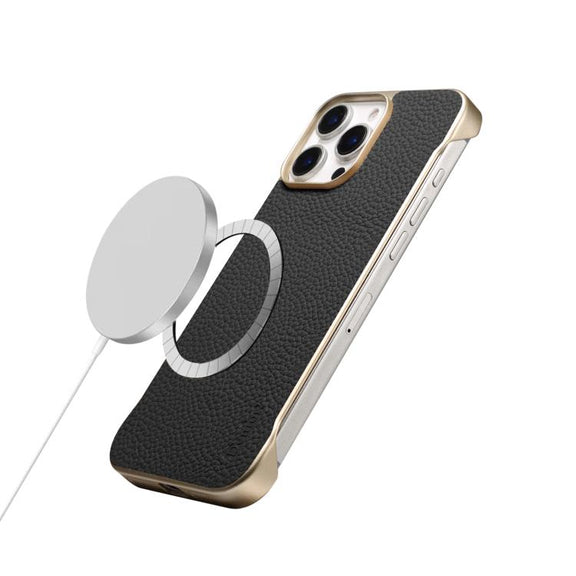 For iPhone 16 Plus Denior A20 Genuine Leather Litchi Texture MagSafe Frameless Phone Case(Black)