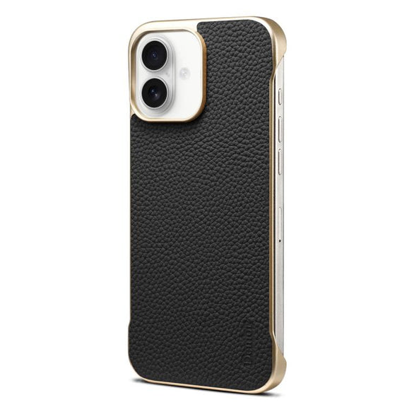 For iPhone 16 Plus Denior A20 Genuine Leather Litchi Texture MagSafe Frameless Phone Case(Black)