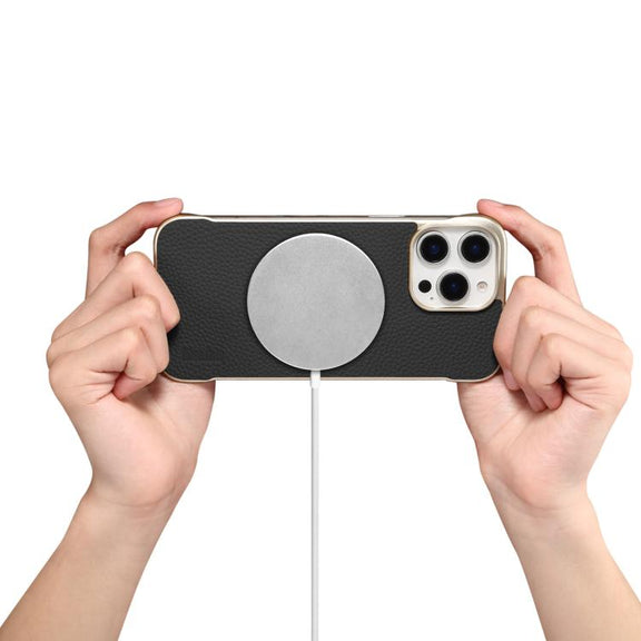 For iPhone 16 Plus Denior A20 Genuine Leather Litchi Texture MagSafe Frameless Phone Case(Black)