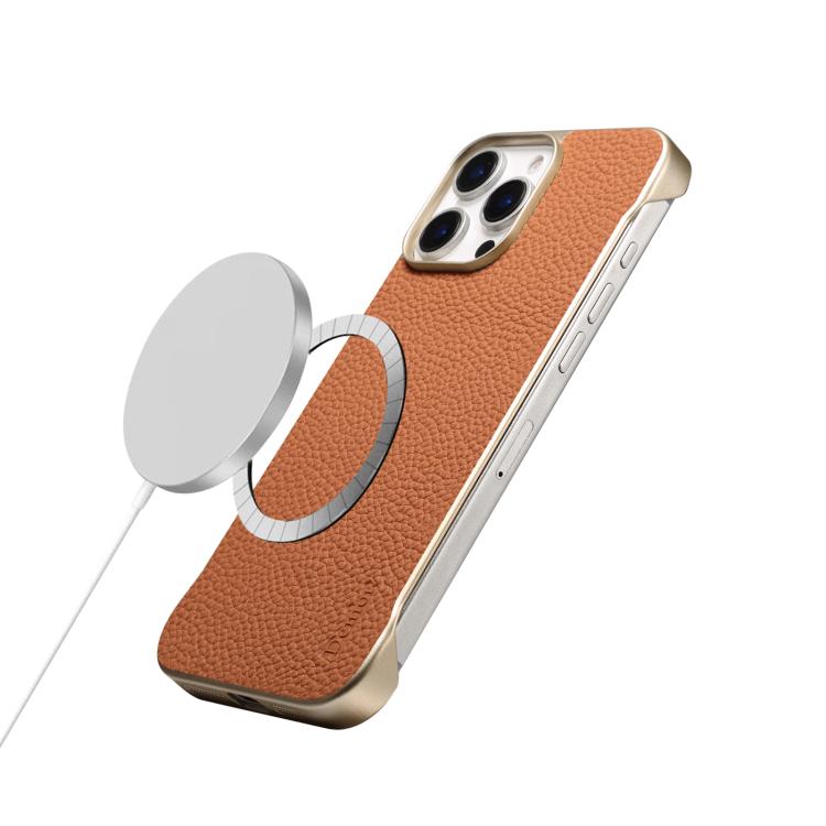 For iPhone 16 Pro Max Denior A20 Genuine Leather Litchi Texture MagSafe Frameless Phone Case(Brown)