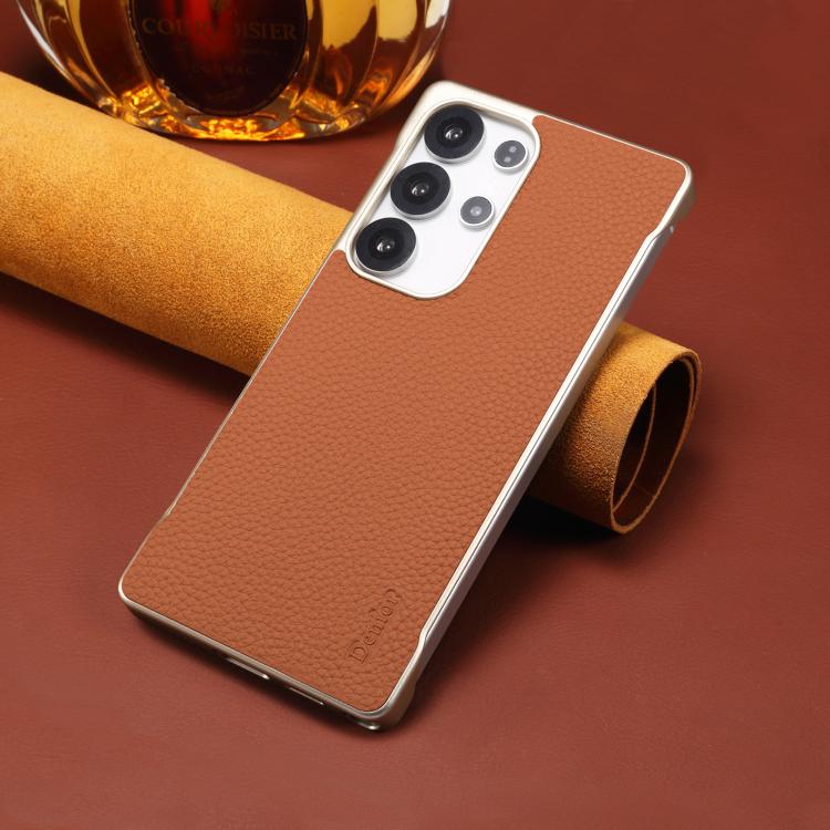For Samsung Galaxy S25+ 5G Denior A20 Genuine Leather Litchi Texture MagSafe Frameless Phone Case(Brown)