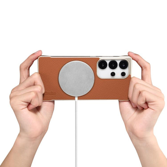 For Samsung Galaxy S25+ 5G Denior A20 Genuine Leather Litchi Texture MagSafe Frameless Phone Case(Brown)