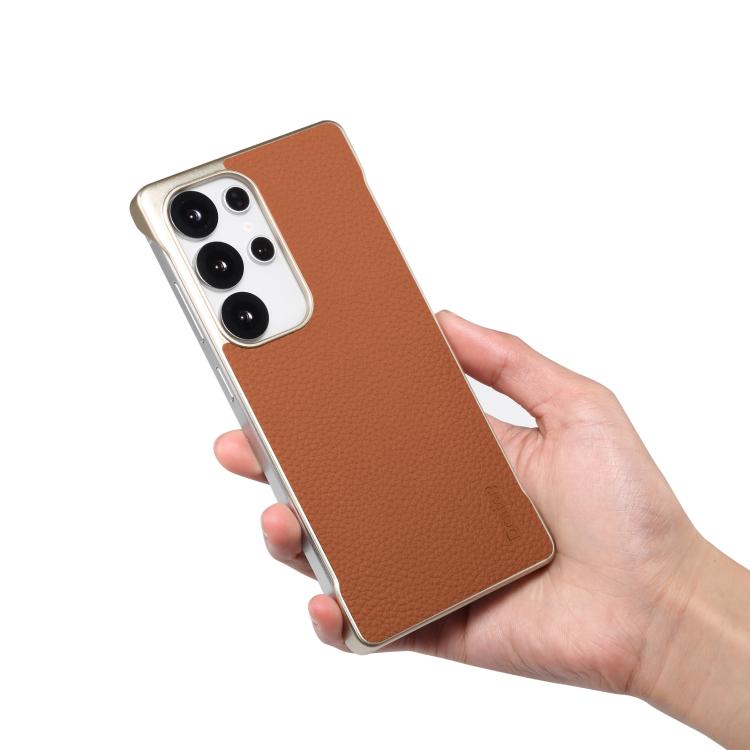 For Samsung Galaxy S25+ 5G Denior A20 Genuine Leather Litchi Texture MagSafe Frameless Phone Case(Brown)