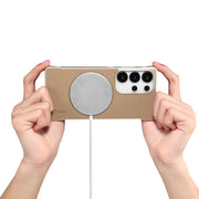 For Samsung Galaxy S25+ 5G Denior A20 Genuine Leather Litchi Texture MagSafe Frameless Phone Case(Khaki)