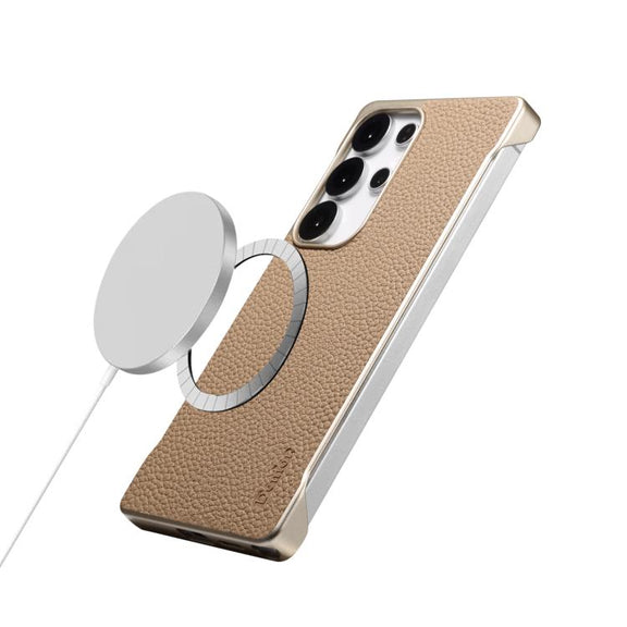 For Samsung Galaxy S25+ 5G Denior A20 Genuine Leather Litchi Texture MagSafe Frameless Phone Case(Khaki)