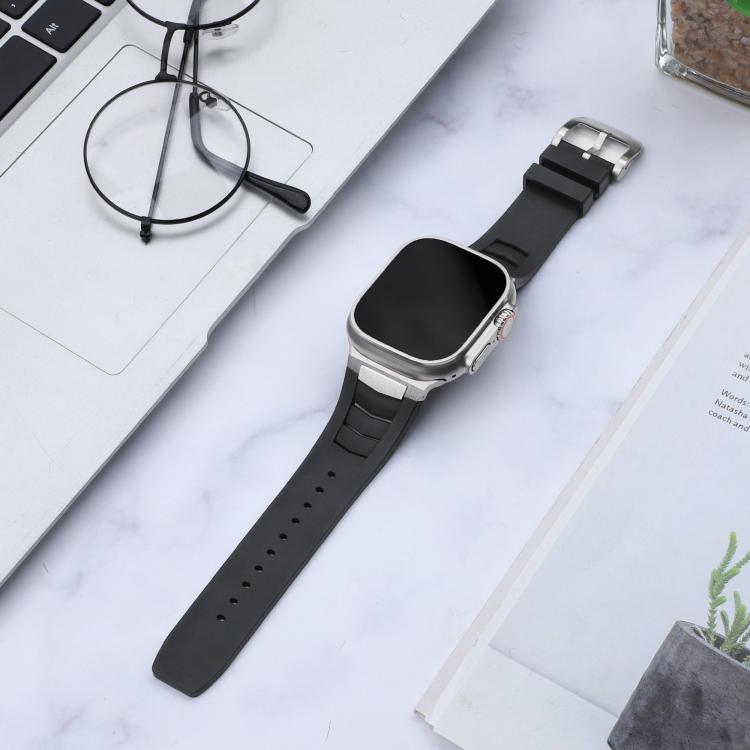 For Apple Watch Ultra / Ultra 2 49mm Stainless Steel Buckle Fluororubber Watch Band(Black Silver)