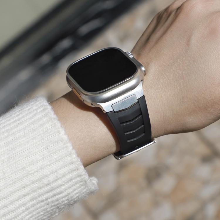 For Apple Watch Ultra / Ultra 2 49mm Stainless Steel Buckle Fluororubber Watch Band(Black Silver)