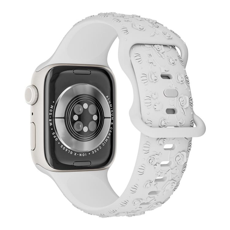 For Apple Watch 46mm / 49mm / 45mm / 44mm Embossed 3D Rose Flower Silicone Watch Band(White)