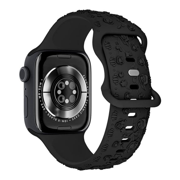 For Apple Watch 46mm / 49mm / 45mm / 44mm Embossed 3D Rose Flower Silicone Watch Band(Black)