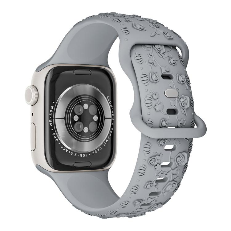 For Apple Watch 42mm / 41mm / 40mm / 38mm Embossed 3D Rose Flower Silicone Watch Band(Grey)