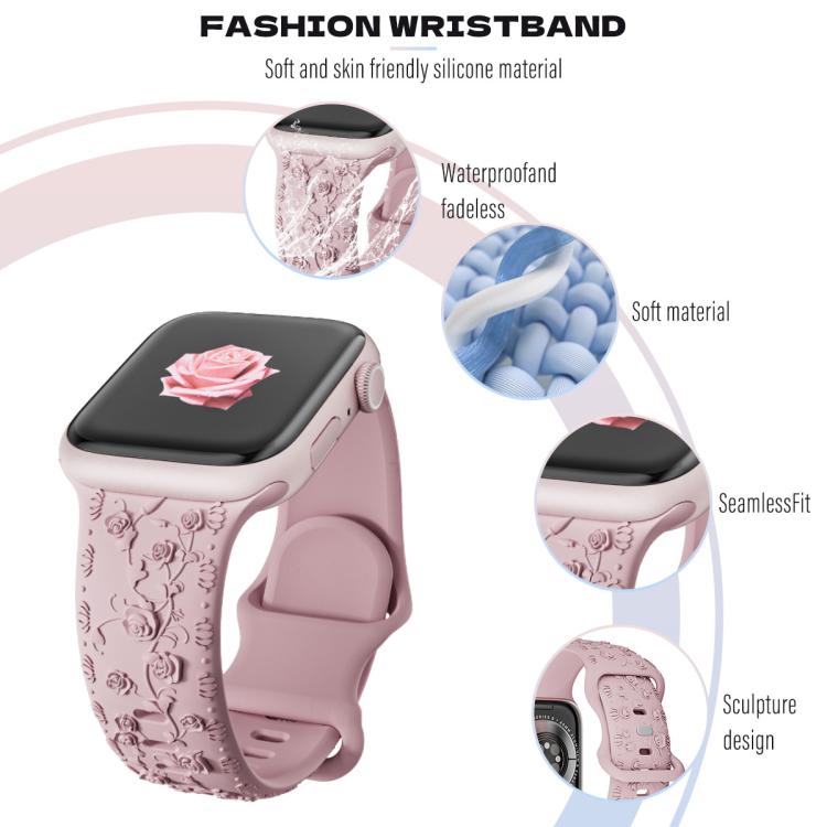 For Apple Watch 42mm / 41mm / 40mm / 38mm Embossed 3D Rose Flower Silicone Watch Band(Grey)