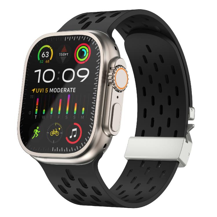 For Apple Watch 46mm / 49mm / 45mm / 44mm Kalebol Mesh Silver Umbrella Buckle Silicone Strap(Black)