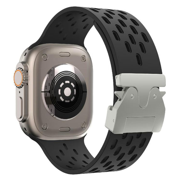 For Apple Watch 46mm / 49mm / 45mm / 44mm Kalebol Mesh Silver Umbrella Buckle Silicone Strap(Black)