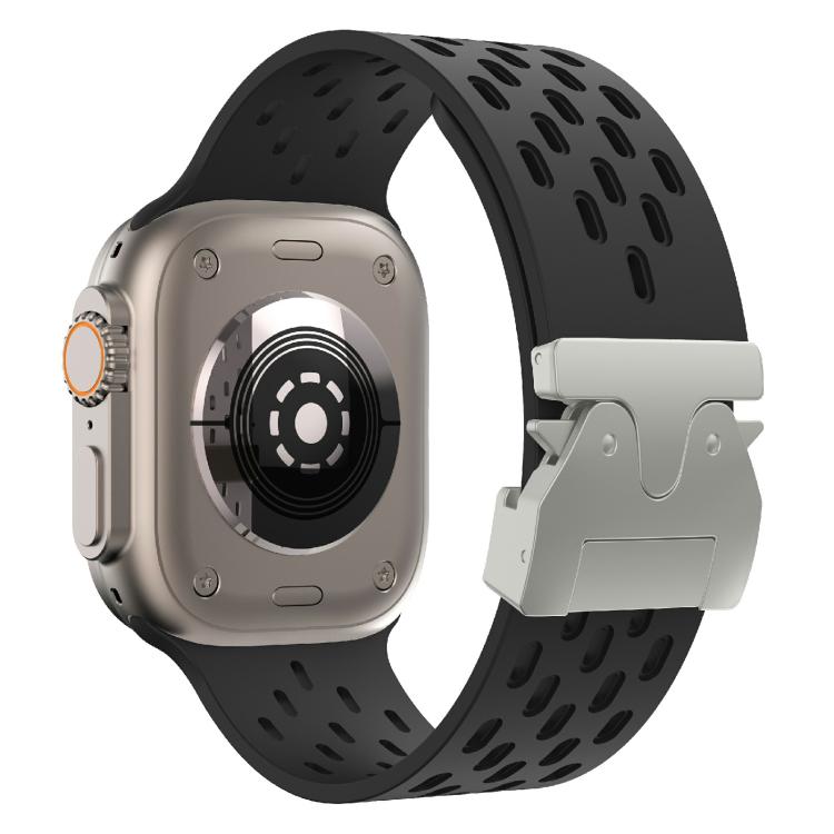 For Apple Watch 46mm / 49mm / 45mm / 44mm Kalebol Mesh Silver Umbrella Buckle Silicone Strap(Black)