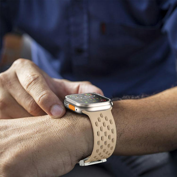 For Apple Watch 46mm / 49mm / 45mm / 44mm Kalebol Mesh Silver Umbrella Buckle Silicone Strap(Milk Tea)
