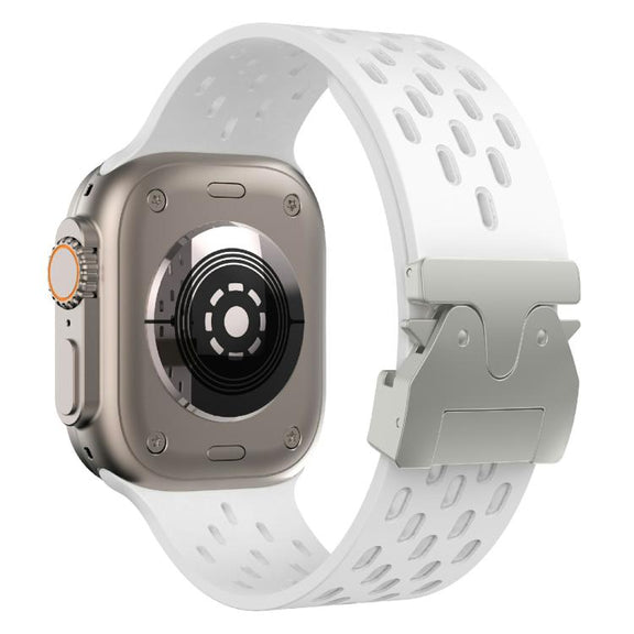For Apple Watch 42mm / 41mm / 40mm / 38mm Kalebol Mesh Silver Umbrella Buckle Silicone Strap(White)