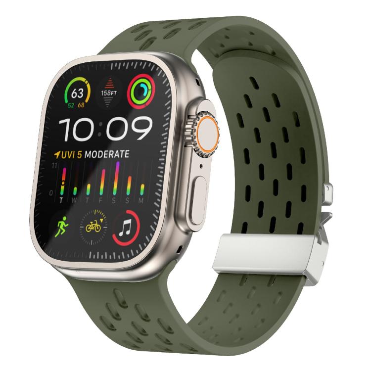 For Apple Watch 42mm / 41mm / 40mm / 38mm Kalebol Mesh Silver Umbrella Buckle Silicone Strap(Army Green)