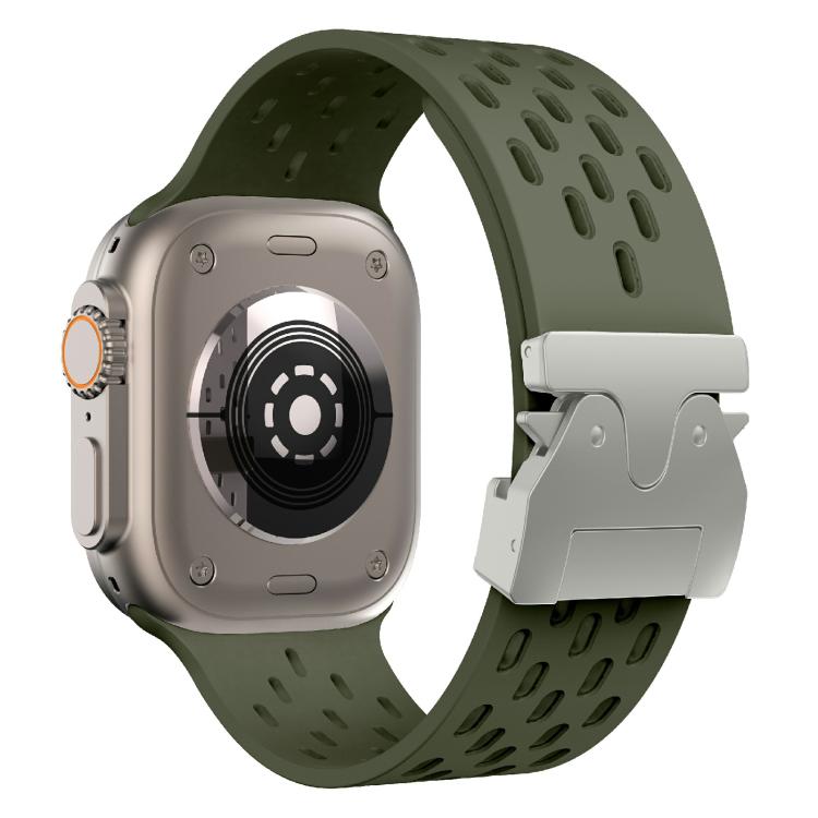 For Apple Watch 42mm / 41mm / 40mm / 38mm Kalebol Mesh Silver Umbrella Buckle Silicone Strap(Army Green)