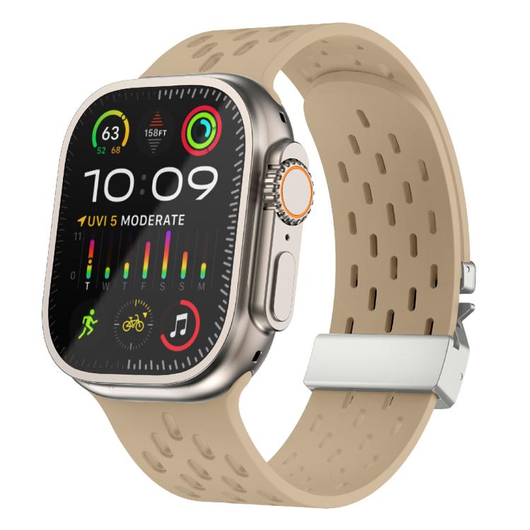 For Apple Watch 42mm / 41mm / 40mm / 38mm Kalebol Mesh Silver Umbrella Buckle Silicone Strap(Milk Tea)