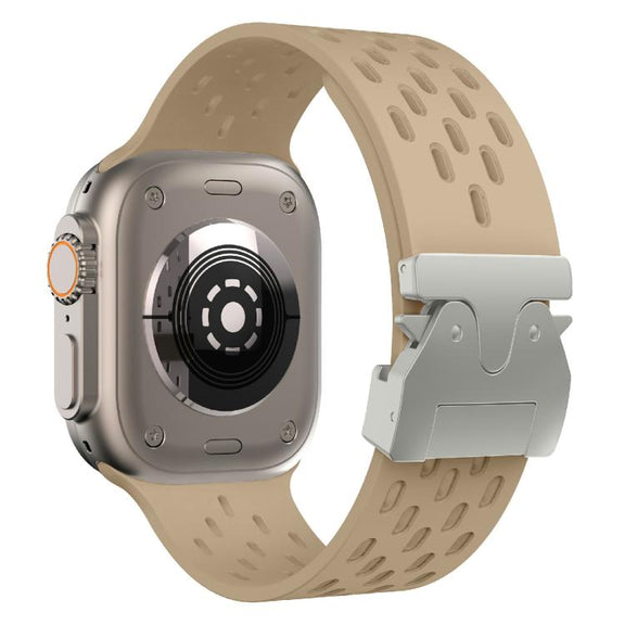 For Apple Watch 42mm / 41mm / 40mm / 38mm Kalebol Mesh Silver Umbrella Buckle Silicone Strap(Milk Tea)