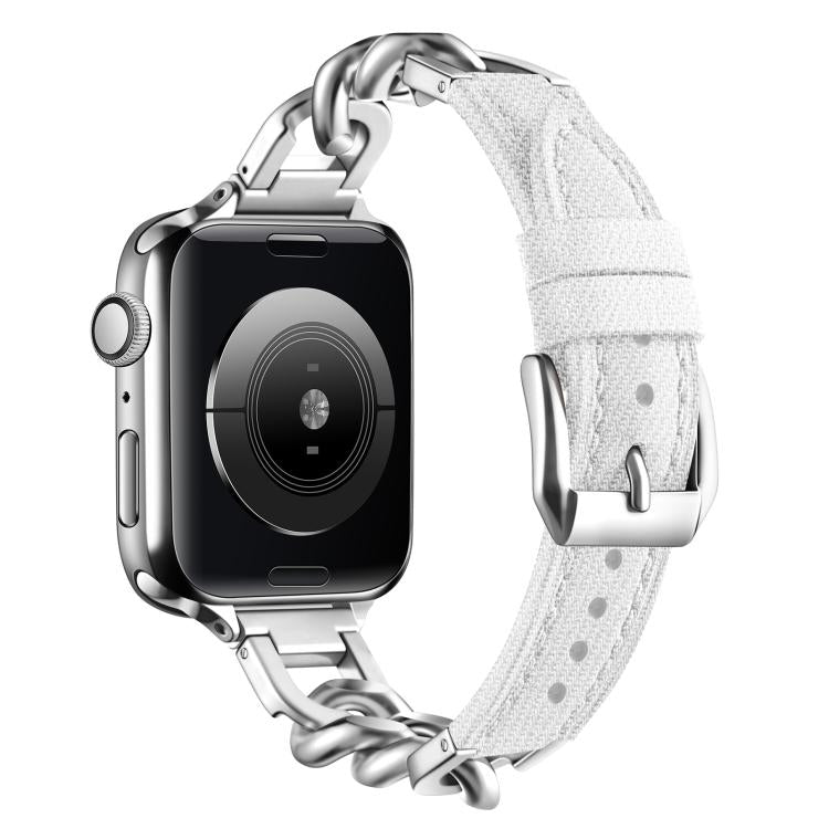 For Apple Watch 46mm / 49mm / 45mm / 44mm Metal Chain Leather Denim Watch Band(White)