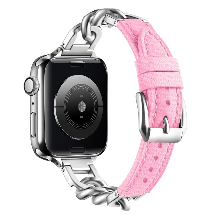 For Apple Watch 42mm / 41mm / 40mm / 38mm Metal Chain Leather Denim Watch Band(Pink)