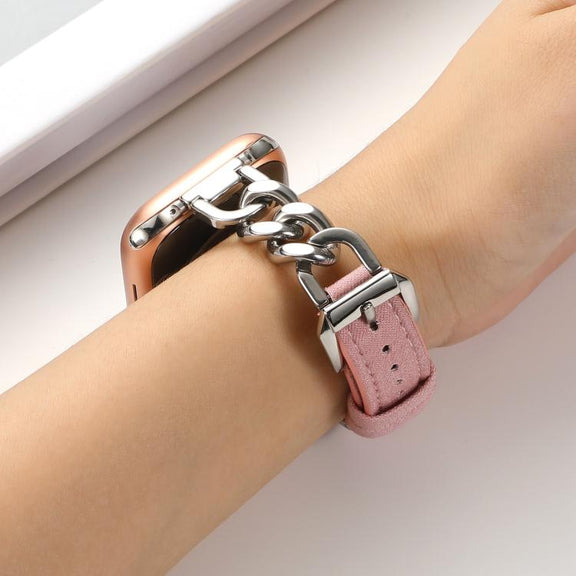 For Apple Watch 42mm / 41mm / 40mm / 38mm Metal Chain Leather Denim Watch Band(Pink)