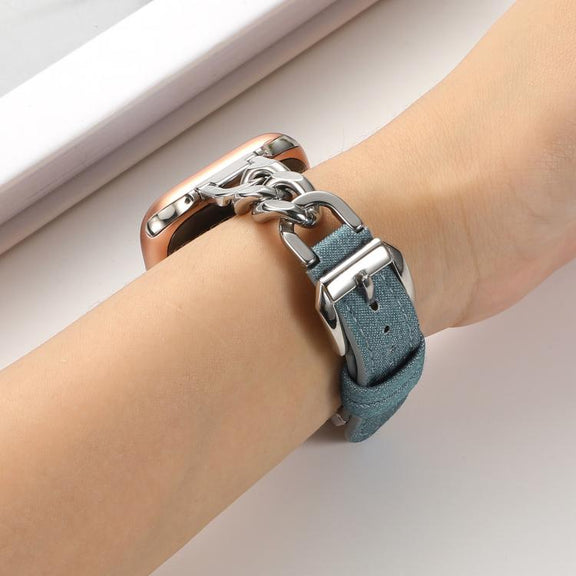 For Apple Watch 42mm / 41mm / 40mm / 38mm Metal Chain Leather Denim Watch Band(Blue)
