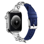 For Apple Watch 42mm / 41mm / 40mm / 38mm Metal Chain Leather Denim Watch Band(Dark Blue)