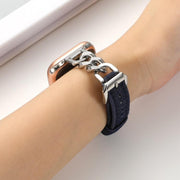 For Apple Watch 42mm / 41mm / 40mm / 38mm Metal Chain Leather Denim Watch Band(Dark Blue)