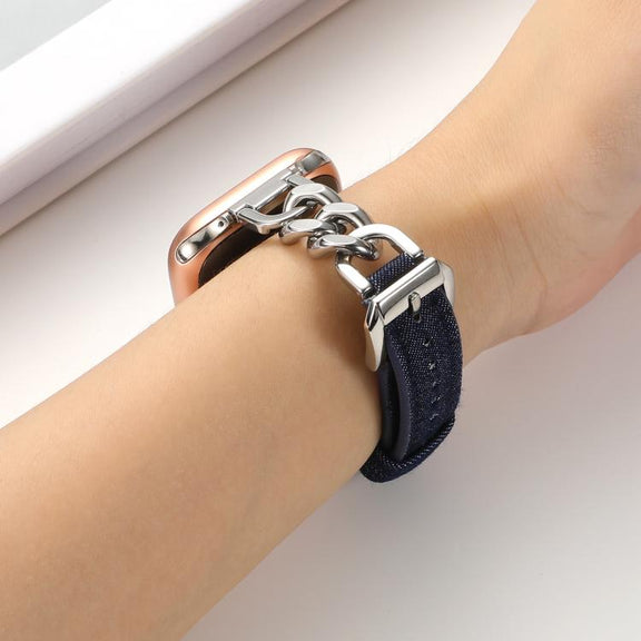 For Apple Watch 42mm / 41mm / 40mm / 38mm Metal Chain Leather Denim Watch Band(Dark Blue)