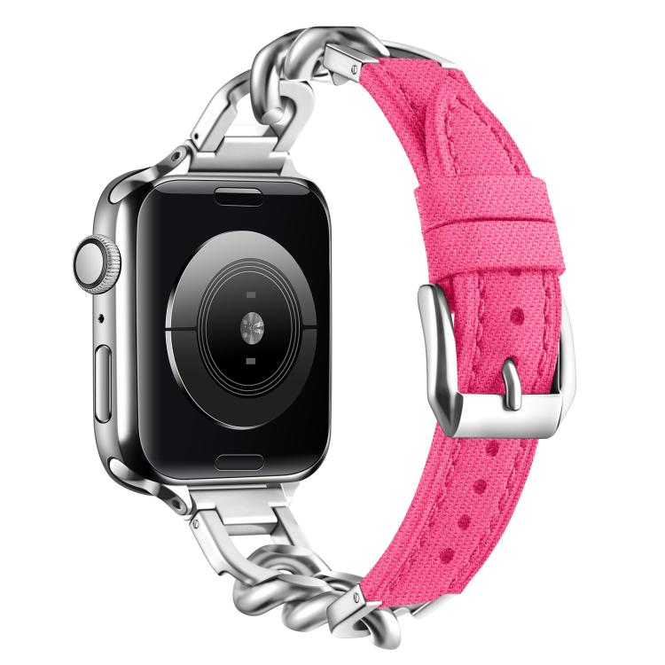 For Apple Watch 42mm / 41mm / 40mm / 38mm Metal Chain Leather Denim Watch Band(Peach Red)