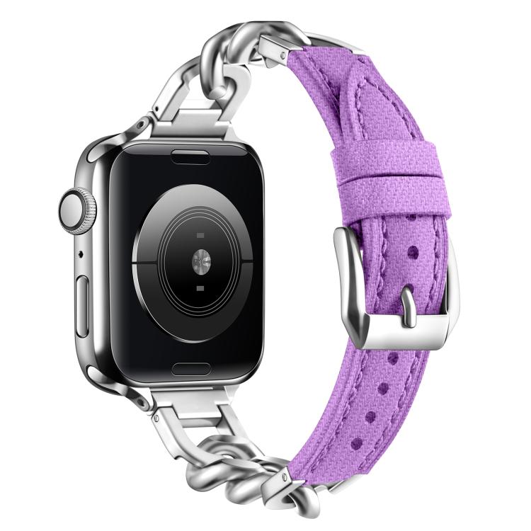 For Apple Watch 42mm / 41mm / 40mm / 38mm Metal Chain Leather Denim Watch Band(Purple)