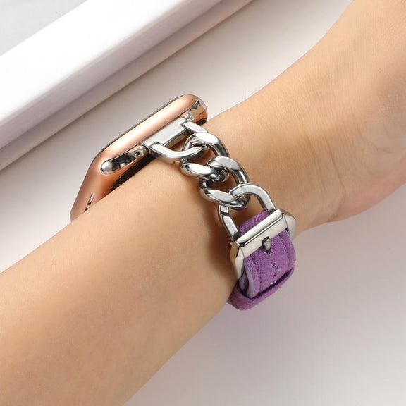For Apple Watch 42mm / 41mm / 40mm / 38mm Metal Chain Leather Denim Watch Band(Purple)