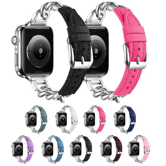 For Apple Watch 42mm / 41mm / 40mm / 38mm Metal Chain Leather Denim Watch Band(Blue)