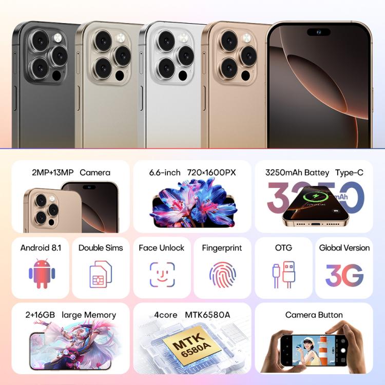A88 / i16 Pro Max, 2GB+16GB, 6.6 inch Android 8.1 MTK6580A Quad Core, OTG, Network: 3G, Dual SIM, Plug:EU Plug(Titanium White)