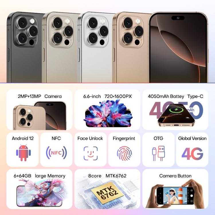 A88A / i16 Pro Max, 6GB+64GB, 6.6 inch Android 12 MTK6762 Helio G25 Octa Core, NFC, OTG, Network: 4G, Dual SIM, Plug:EU Plug(Titanium Grey)