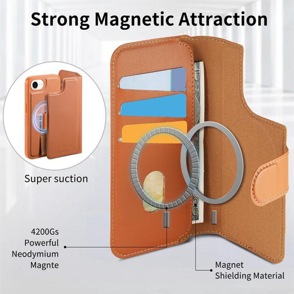 For iPhone 16e CaseNeo Finger Grip Strap MagSafe Leather Phone Case(Brown)