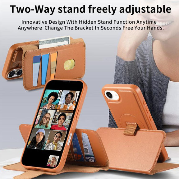 For iPhone 16e CaseNeo Finger Grip Strap MagSafe Leather Phone Case(Brown)