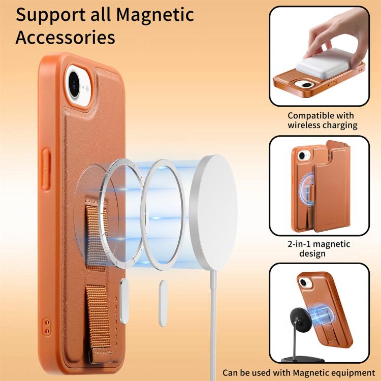 For iPhone 16e CaseNeo Finger Grip Strap MagSafe Leather Phone Case(Brown)