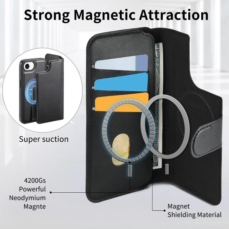 For iPhone 16e CaseNeo Finger Grip Strap MagSafe Leather Phone Case(Black)