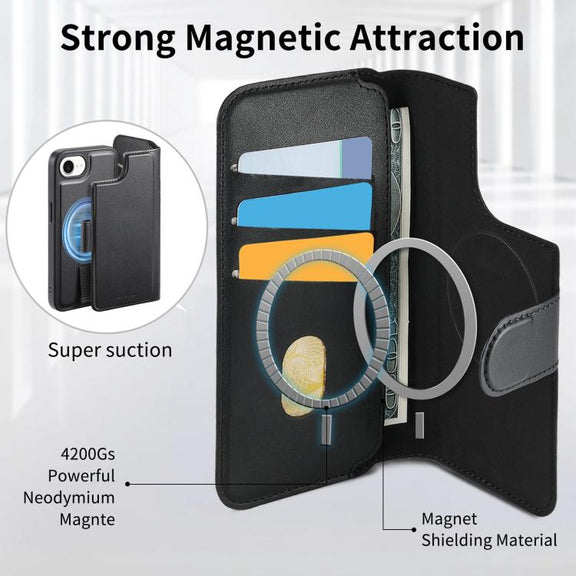 For iPhone 16e CaseNeo Finger Grip Strap MagSafe Leather Phone Case(Black)