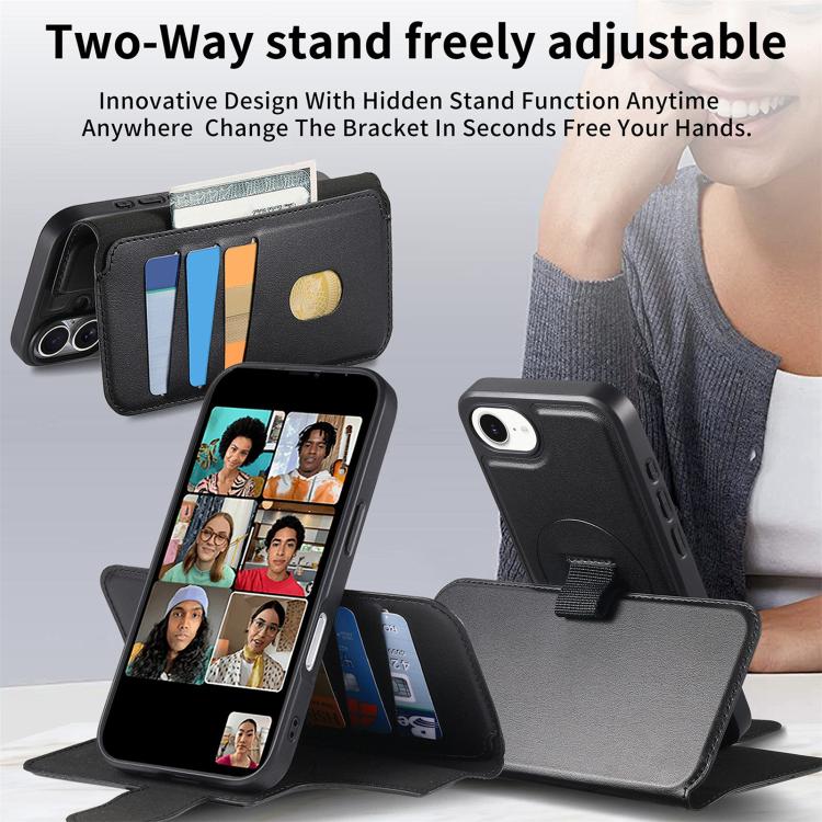 For iPhone 16e CaseNeo Finger Grip Strap MagSafe Leather Phone Case(Black)