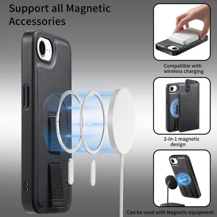 For iPhone 16e CaseNeo Finger Grip Strap MagSafe Leather Phone Case(Black)